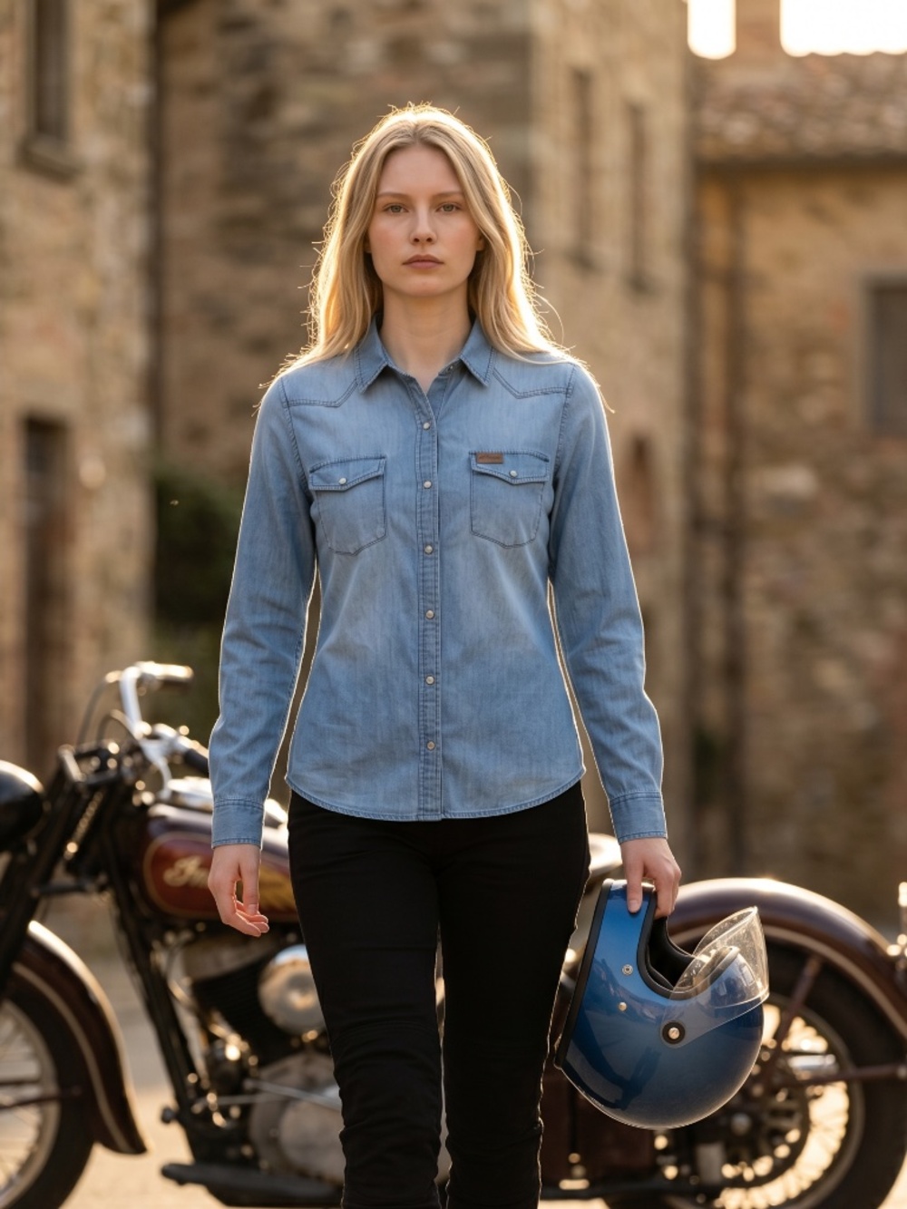 Indian Motorcycle denim shirt with pearl snap buttons size L